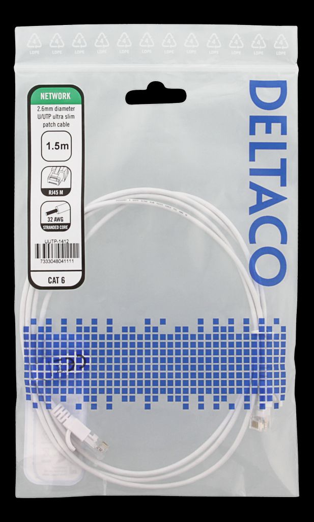 Ultra Slim Cat6 patch kabel 1,5m – hvit (U/UTP, OD 2,6mm)