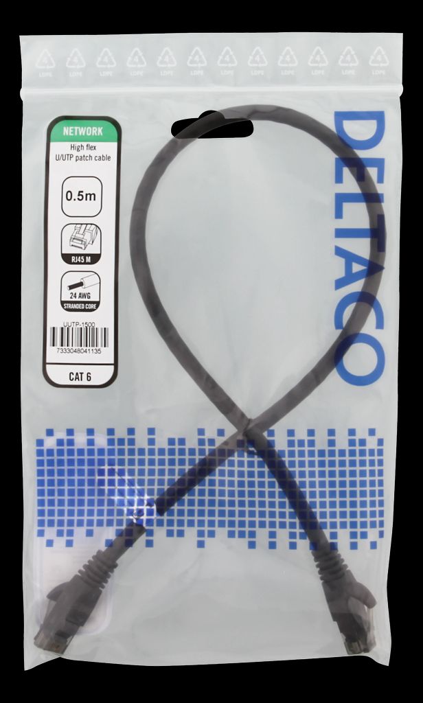 High Flexible U/UTP Cat6 patchkabel 0,5m – svart