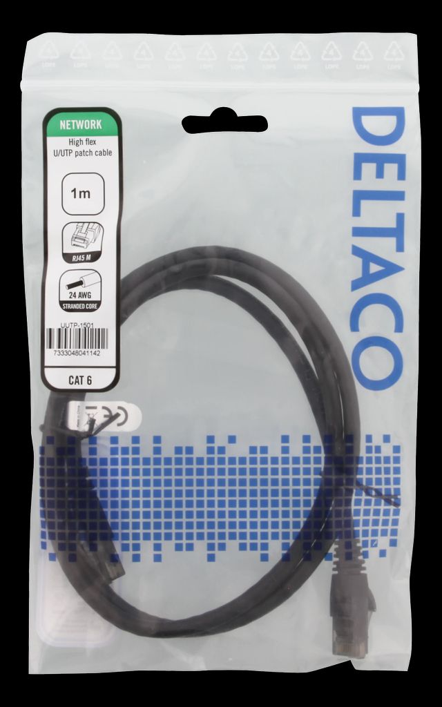Flexibel svart Cat6 patchkabel U/UTP 1m – 24AWG, TPE
