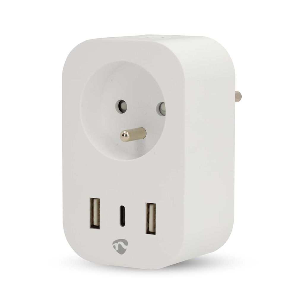 Nedis SmartLife Smart Plug, Wi-Fi, 3680W, fransk / Type E (CEE 7/6) / 1x USB-C / 2x USB - Hvid