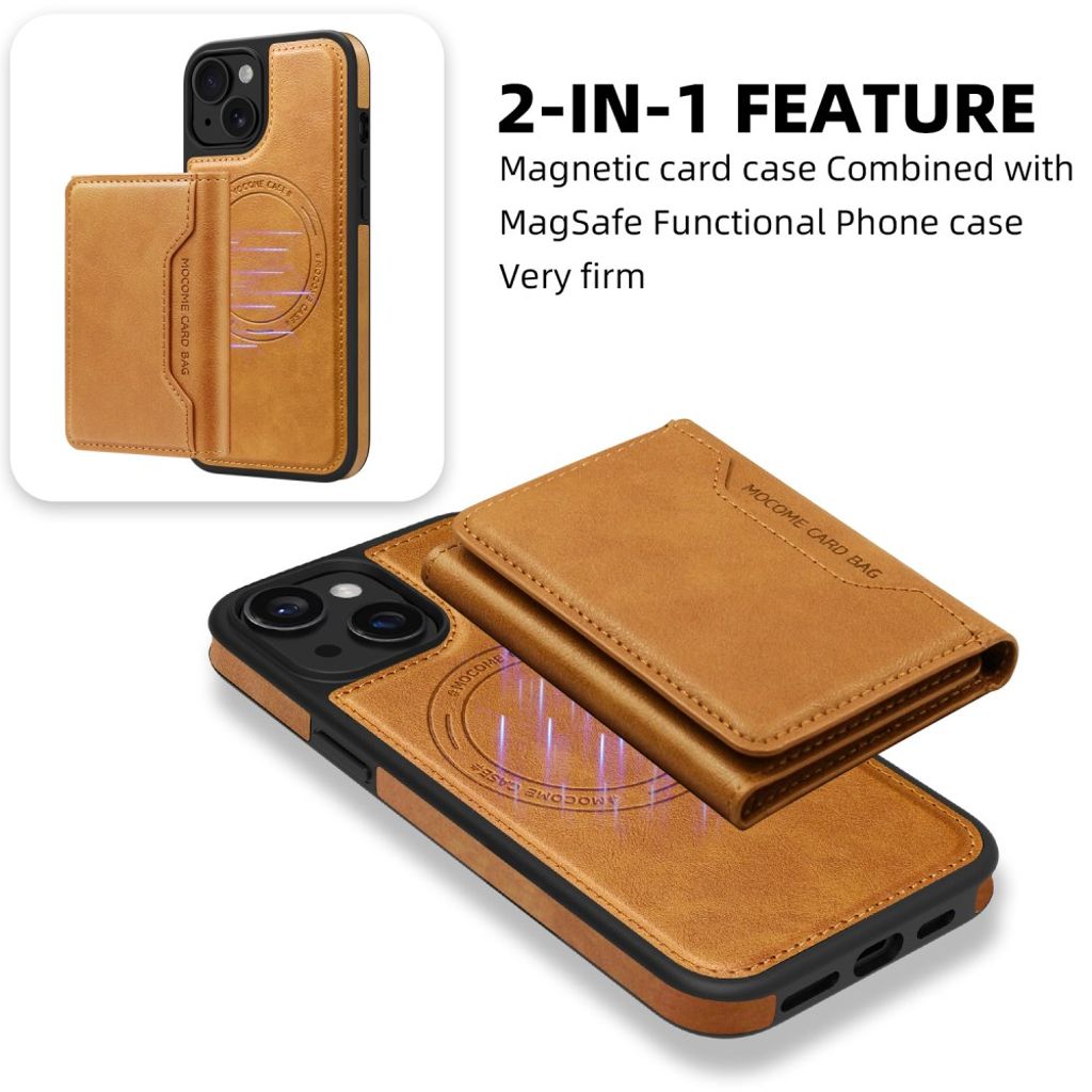 iPhone 15 Wallet Case MagSafe Compatible Detachable Card Holder - Brown