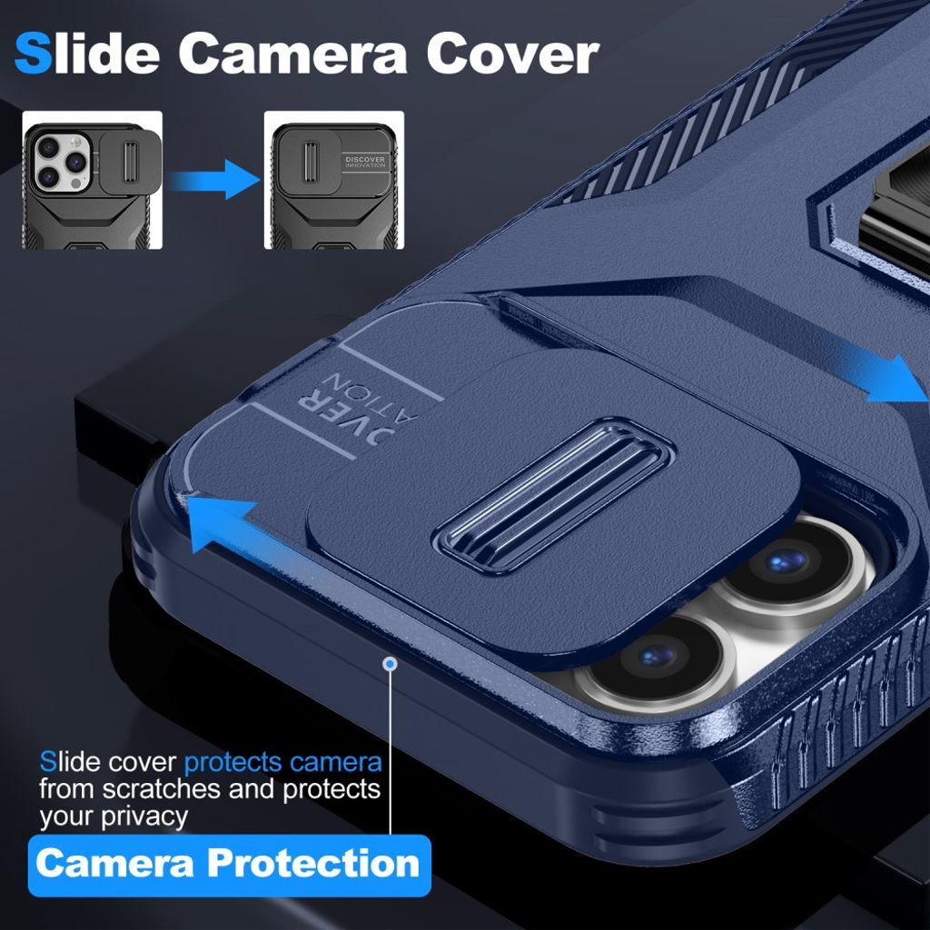 iPhone 14 Pro Max Kuori Slide-kamerasuojalla ja Jalustalla - Sininen