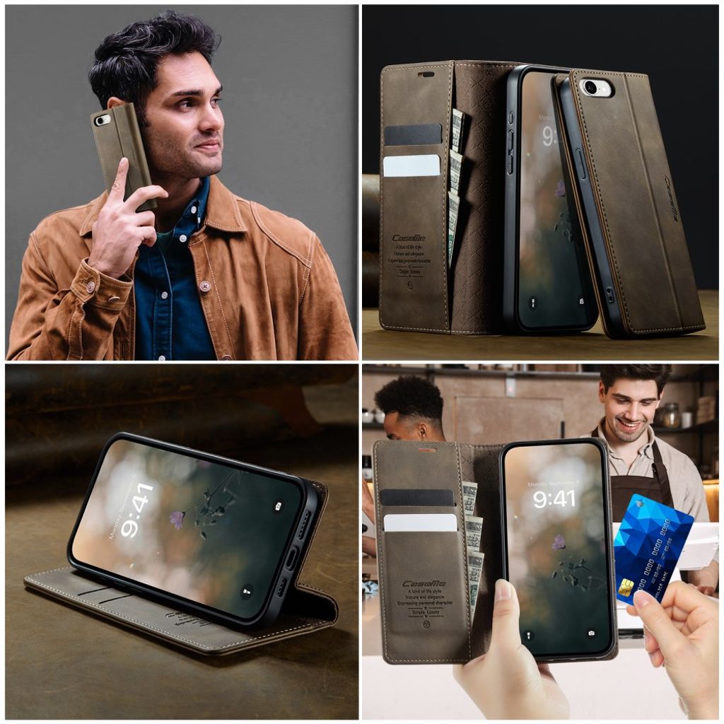 CASEME iPhone 16e Lommeboketui RFID-blokkerende med stativ – Brun