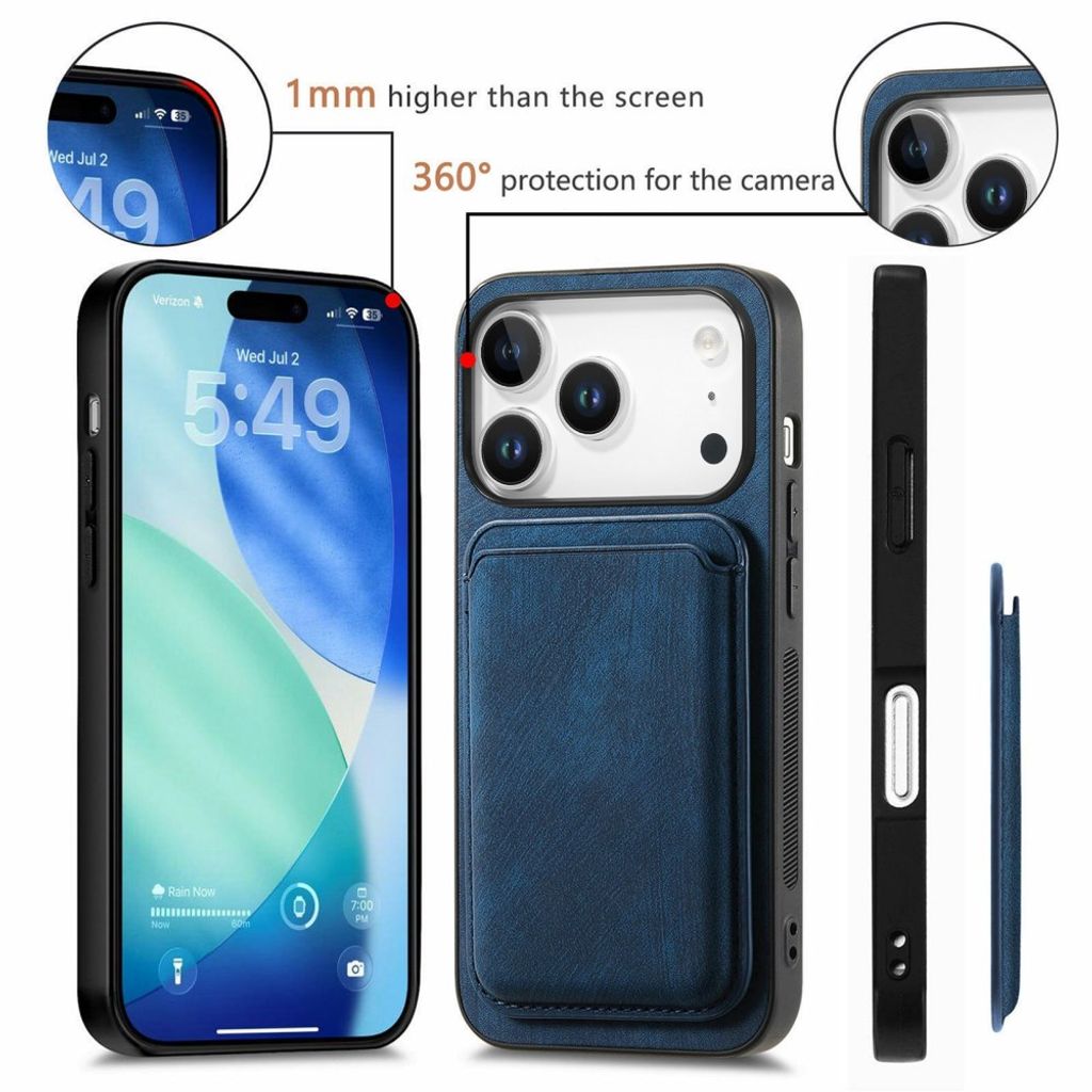 iPhone 18 Pro & iPhone 17 Pro Kuori Irrotettava Korttipaikka PU-nahka/TPU – Sininen