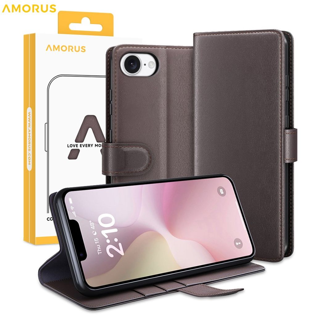 AMORUS iPhone 16e Lommeboketui Stativ Ekte Skinn - Brun