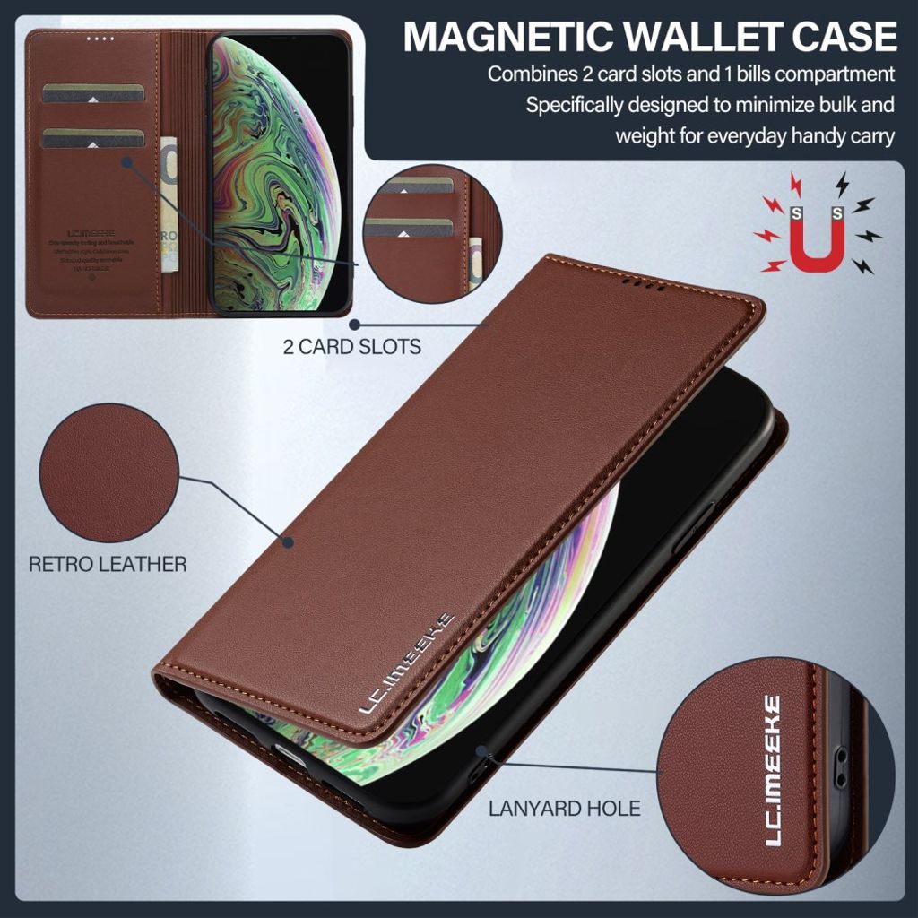 LC.IMEEKE iPhone XS Max Pungetui med Kortholder og Stativ – Brun