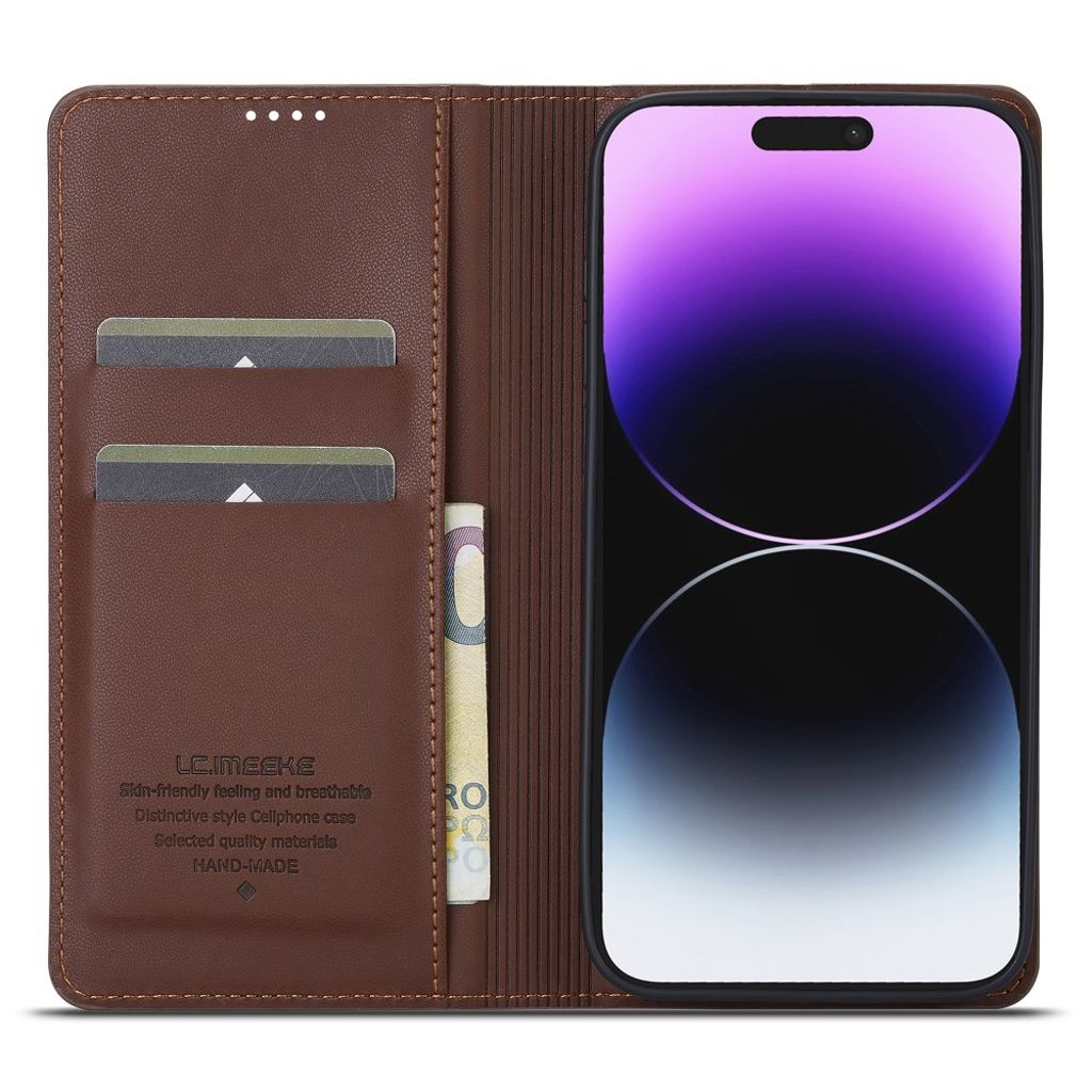 LC.IMEEKE iPhone 14 Pro Pungetui PU Læder Stativ - Brun