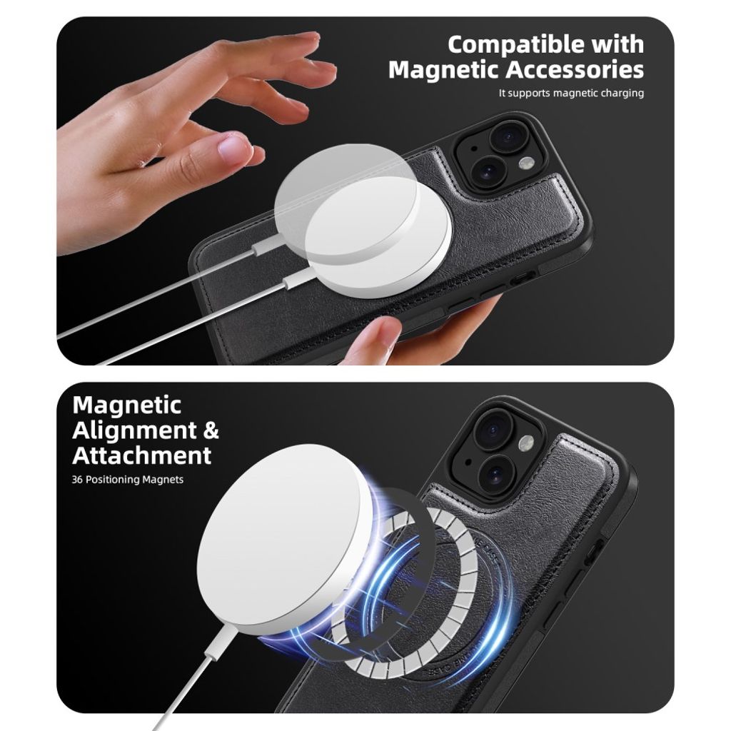 iPhone 15 Magnetic Wallet Case with Detachable Card Holder - Black