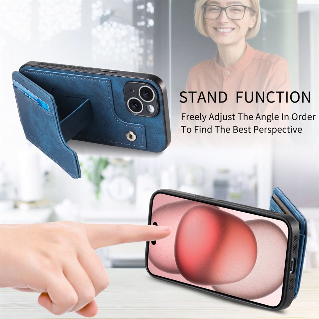 iPhone 14 Pungcover med Kortholder/Stativ – Blå