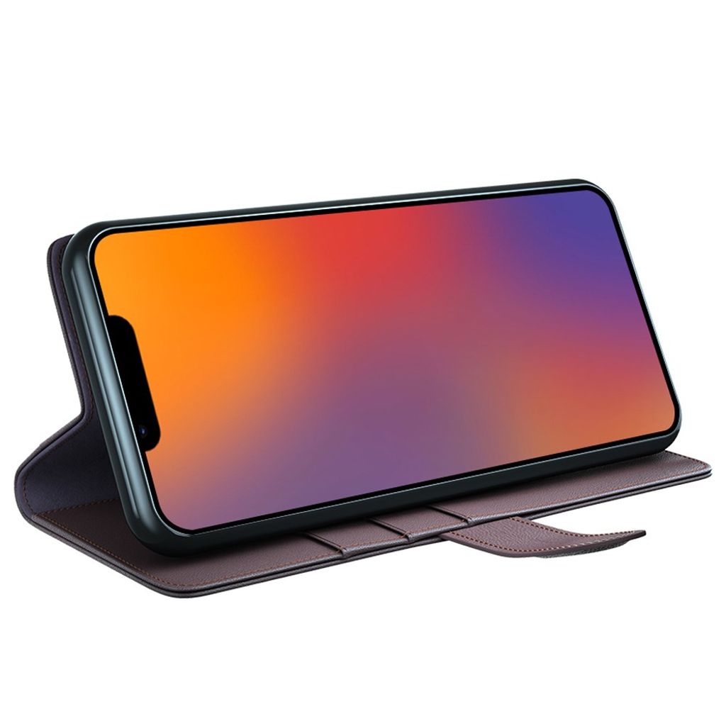 iPhone 14 Pungetui Ægte Læder Kortholder/Stativ - Brun