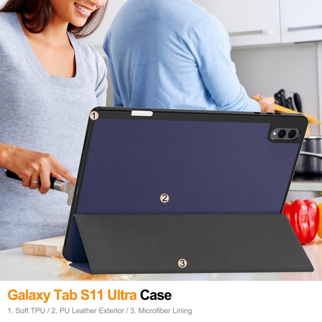 Samsung Galaxy Tab S12 Ultra/S11 Ultra Tri-fold stativfodral - Mörkblå