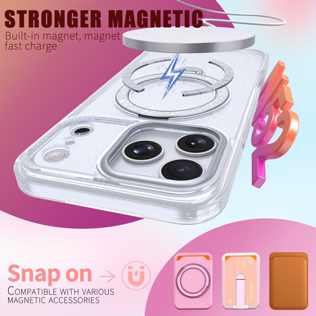iPhone 18 Pro Max/17 Pro Max MagSafe Skal Glitter med Stativ - Silver