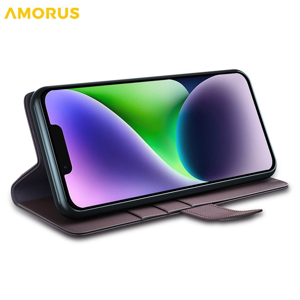 AMORUS iPhone 15 Wallet Cover Stand Real Leather – Brown