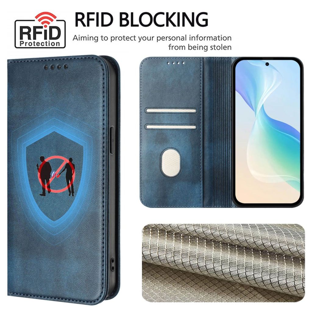 Google Pixel 10a Plånboksfodral RFID-blockerande Retro PU-läder – Blå