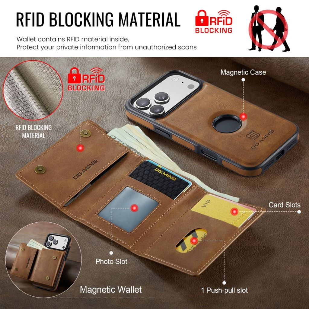 DG.MING iPhone 18 Pro/17 Pro Deksel med Magnetisk Lommebok - Lysbrun