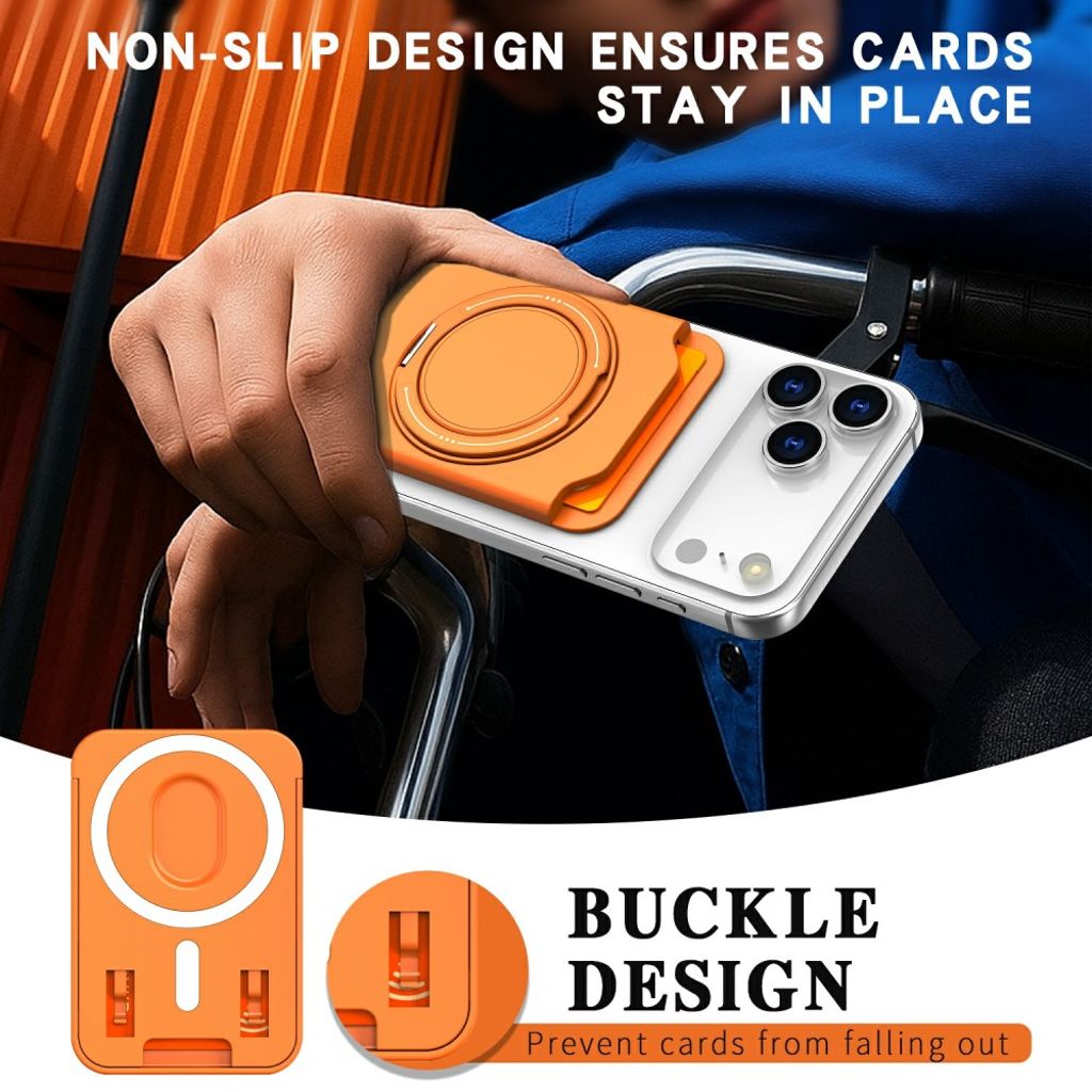 Magnetisk kortholder for mobiltelefon med ringstativ - oransje