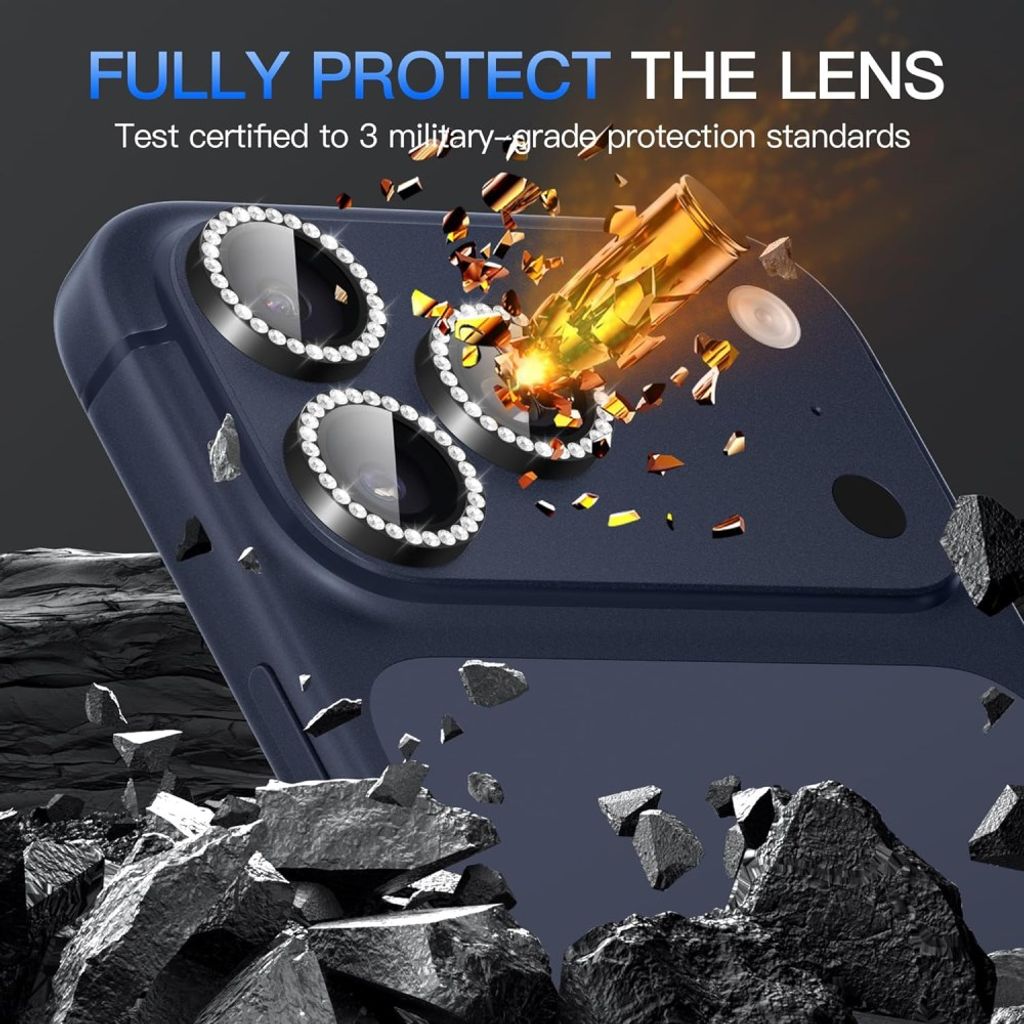 iPhone 18 Pro Kameralinsskydd Härdat Glas/Metallring strass - Svart