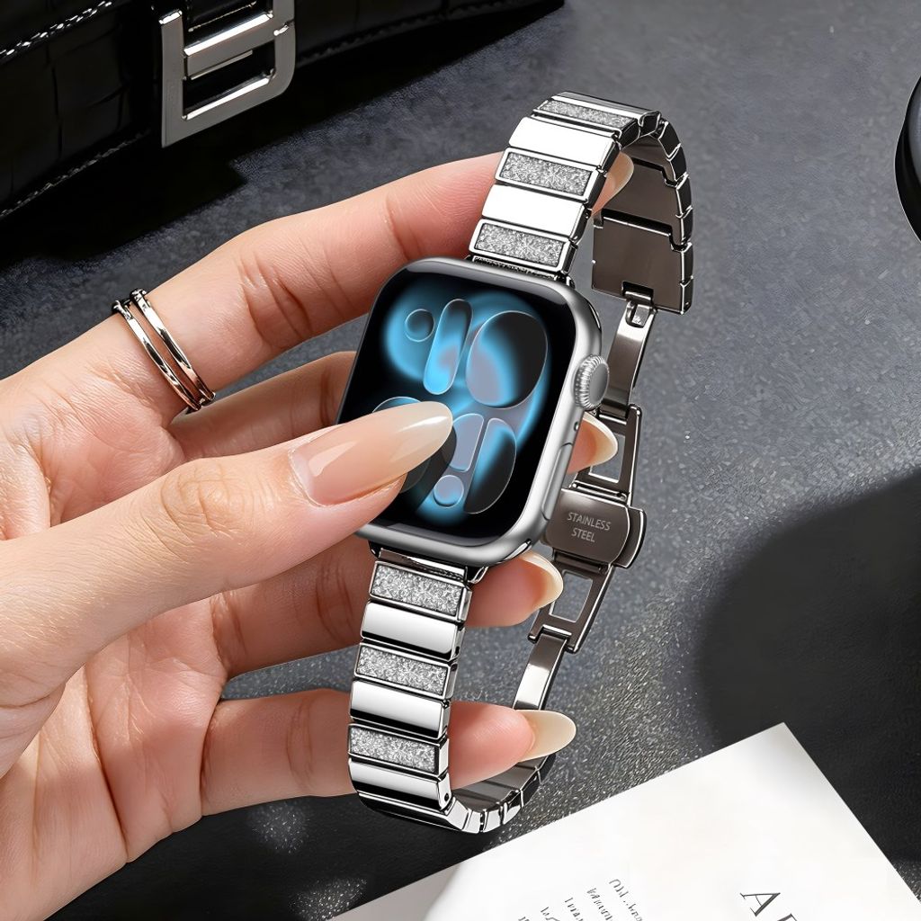 Apple Watch 49/46/44/42mm Klockarmband i rostfritt stål med glitter - Silver