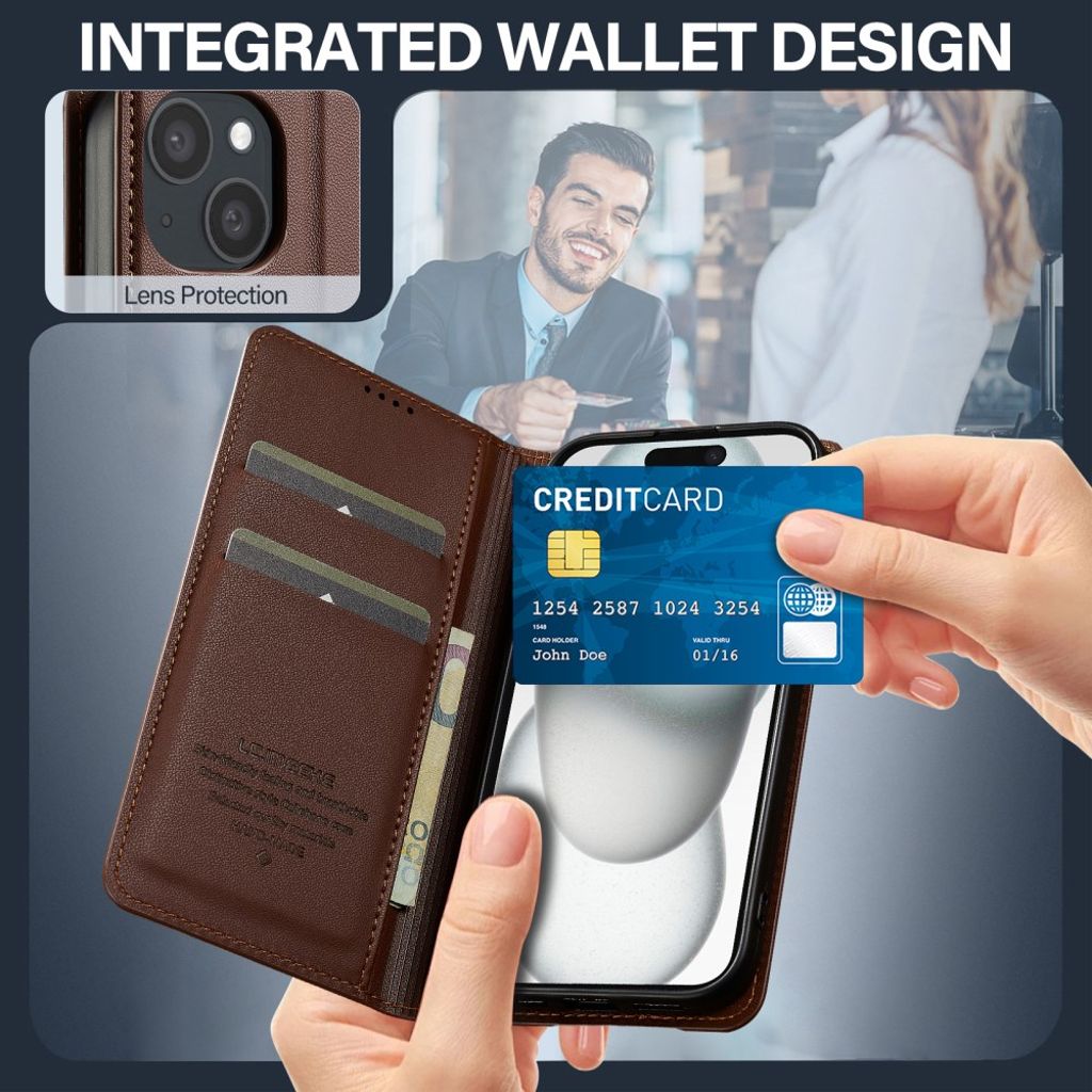 LC.IMEEKE iPhone 14/13 Wallet Cover Stand PU Leather - Brown