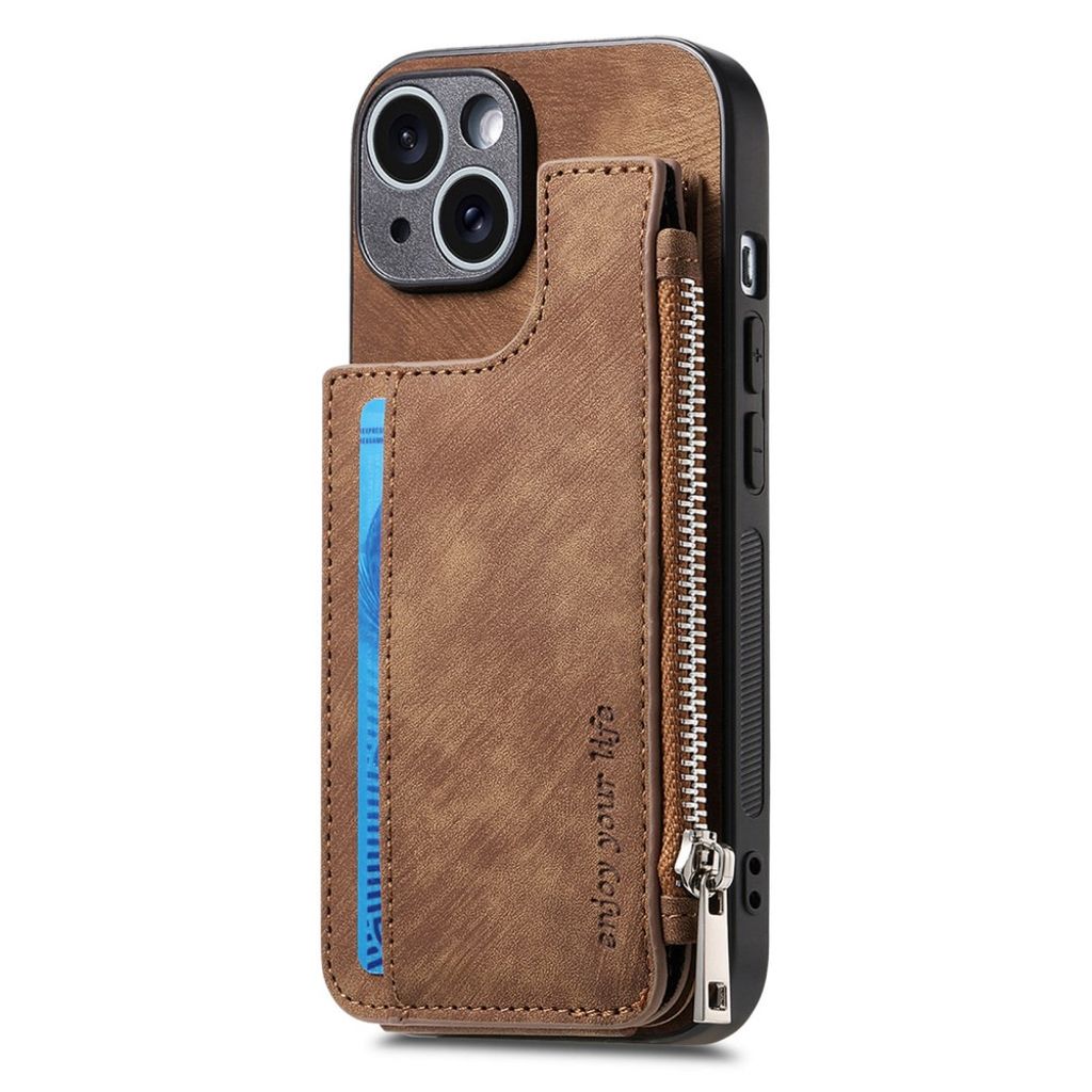 iPhone 14 Cover med Kortholder og Stativ - Brun