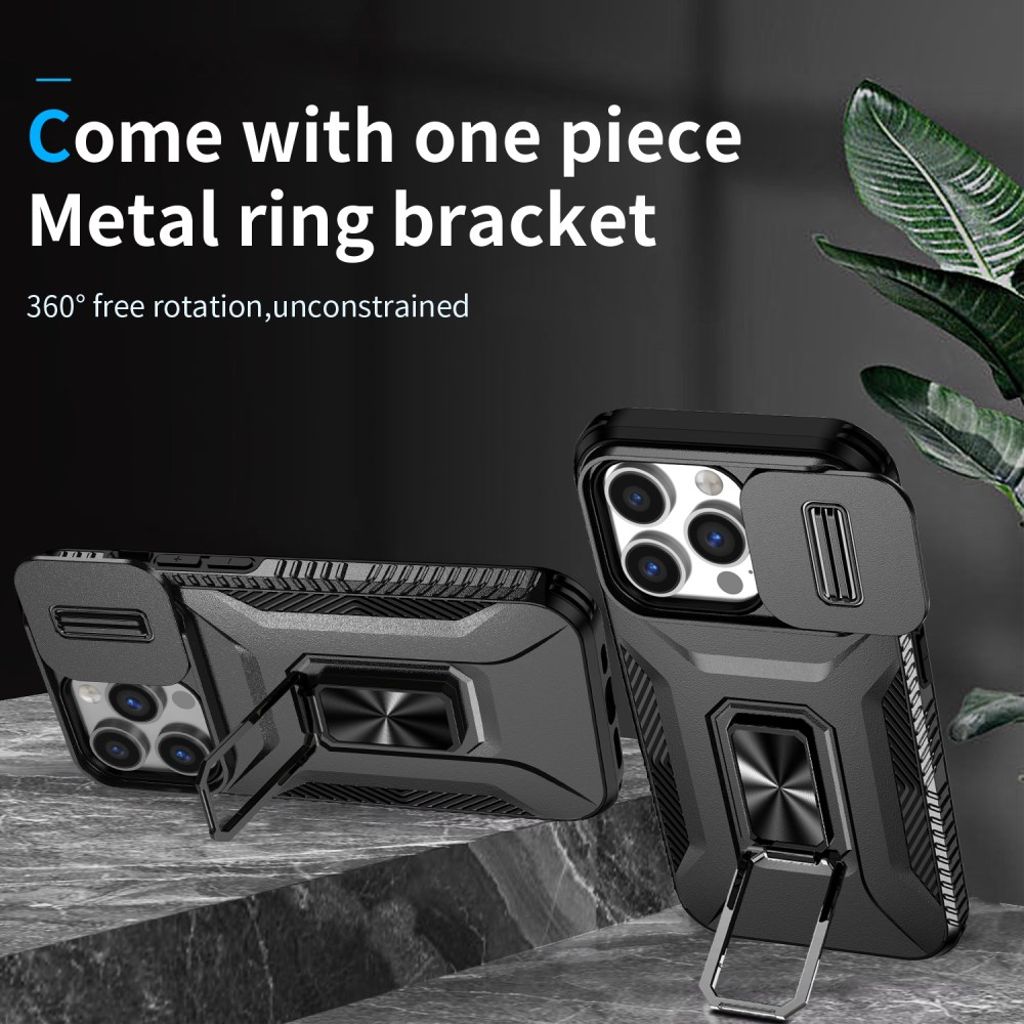 iPhone 14 Pro Skal med Ringstativ och Kameraskydd - Svart
