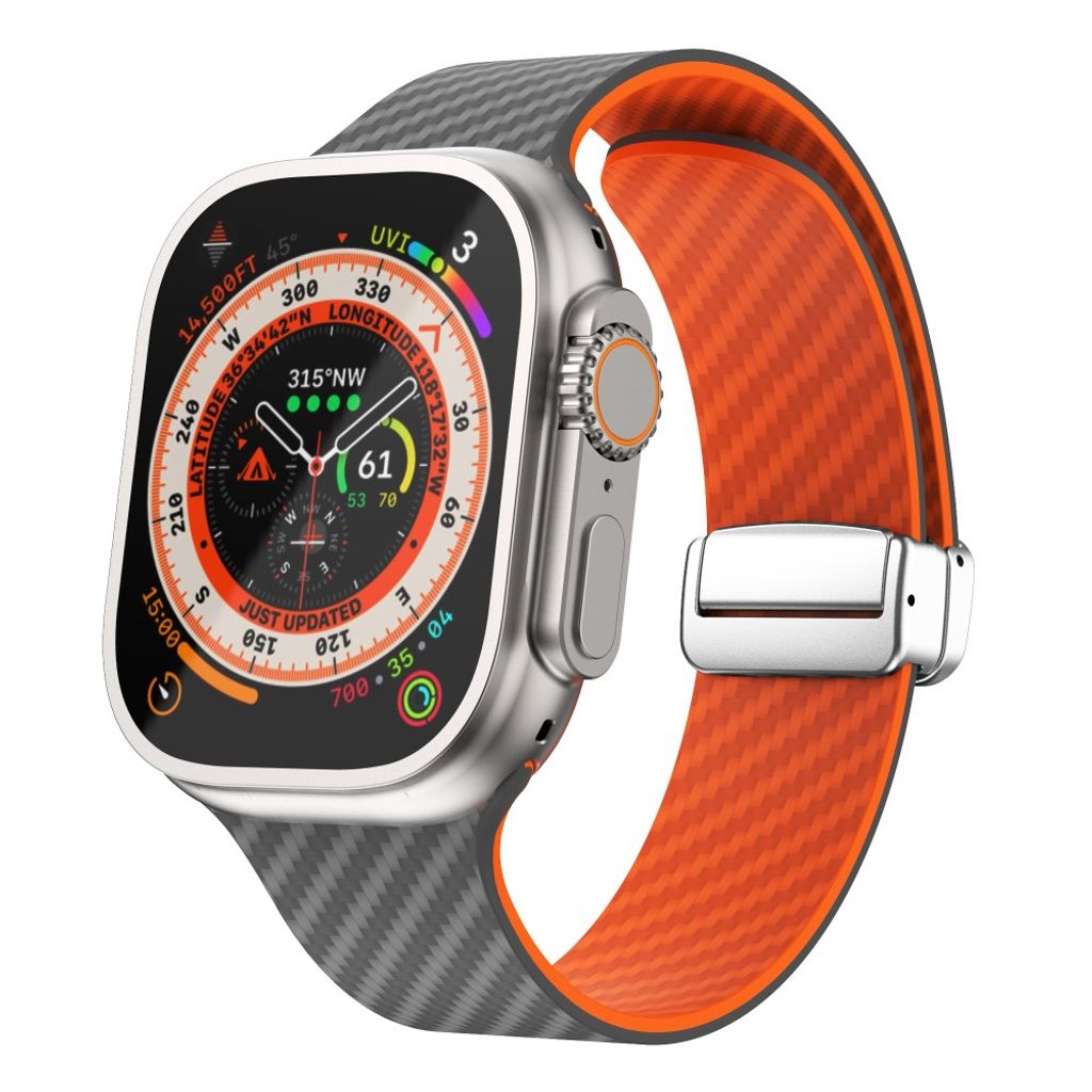 Apple Watch 49 / 46 / 44 / 42mm Klockarmband kolfibertextur - Grå/Orange