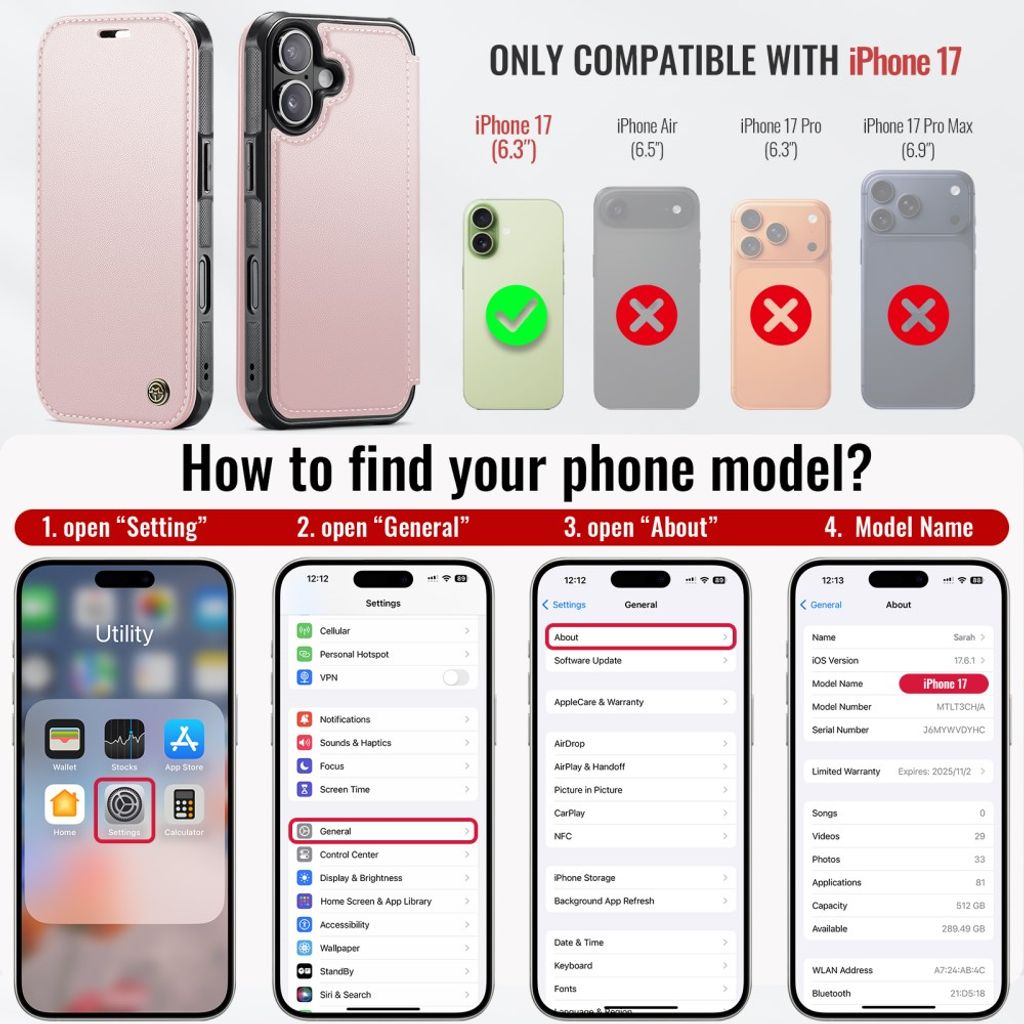 CASEME 053 iPhone 17 Lompakkokotelo MagSafe RFID-estävä - Vaaleanpunainen