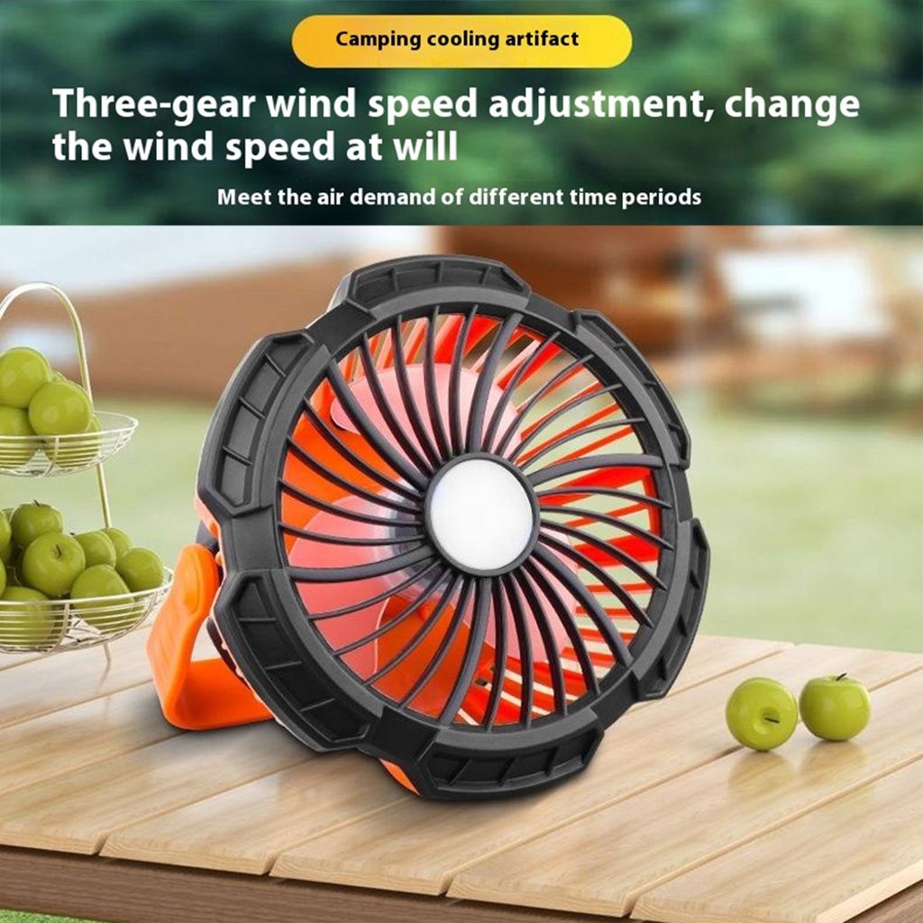 3-i-1 campingfläkt med LED-belysning och powerbank – Orange