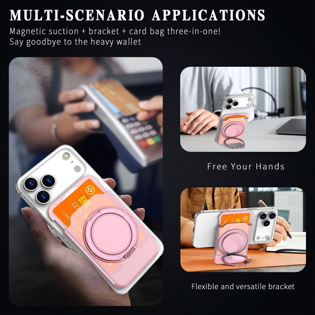 Magnetisk kortholder til mobiltelefon med ringstativ - gjennomsiktig rosa