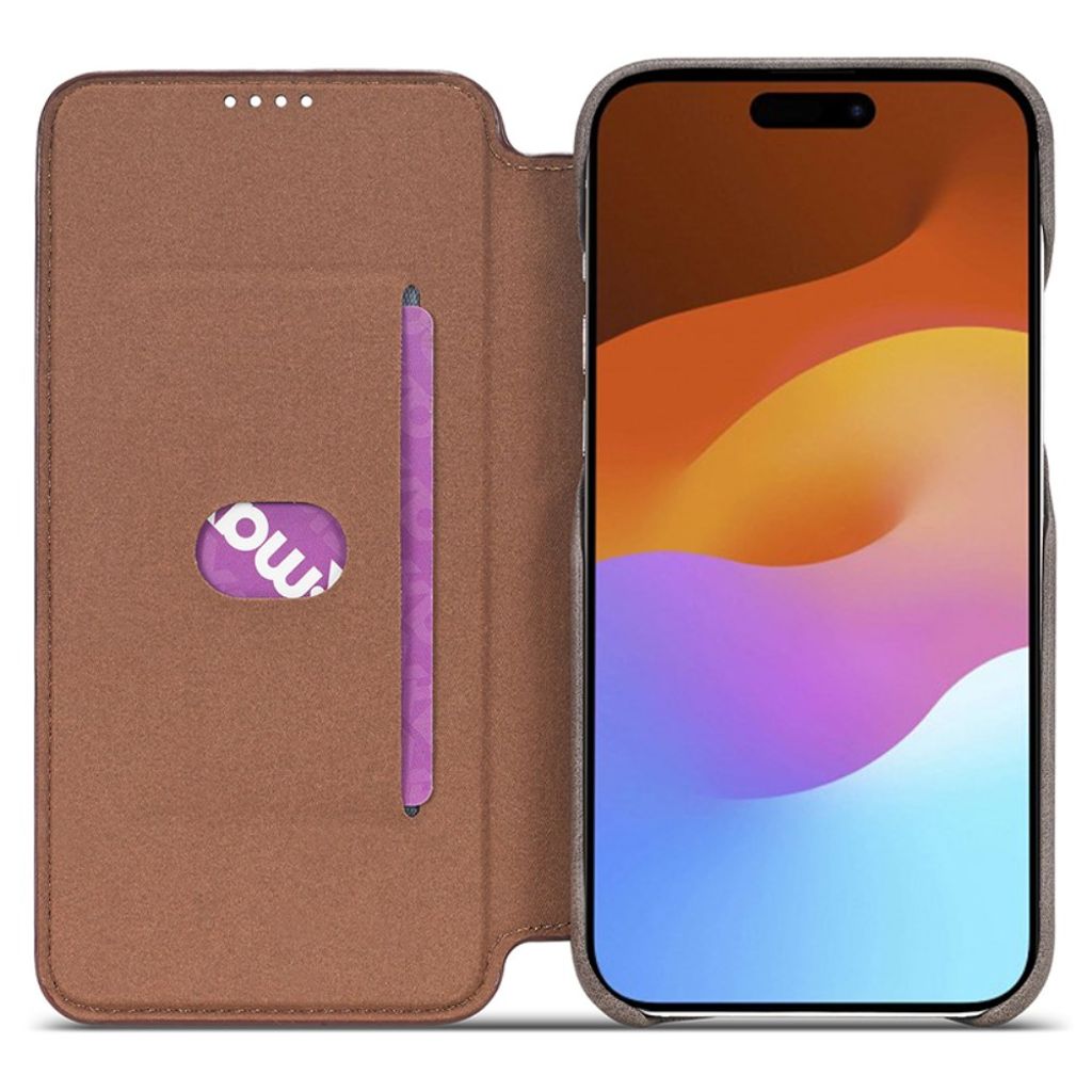 LC.IMEEKE iPhone 15 Plus Kotelo Jalusta - Tummanruskea