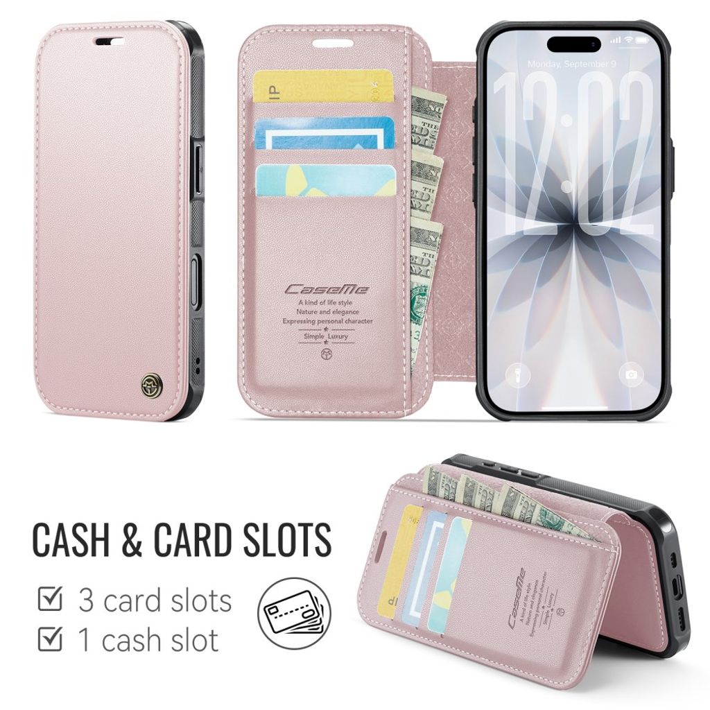 CASEME 053  iPhone 16 Plus Lompakkokotelo MagSafe RFID-estävä - Vaaleanpunainen