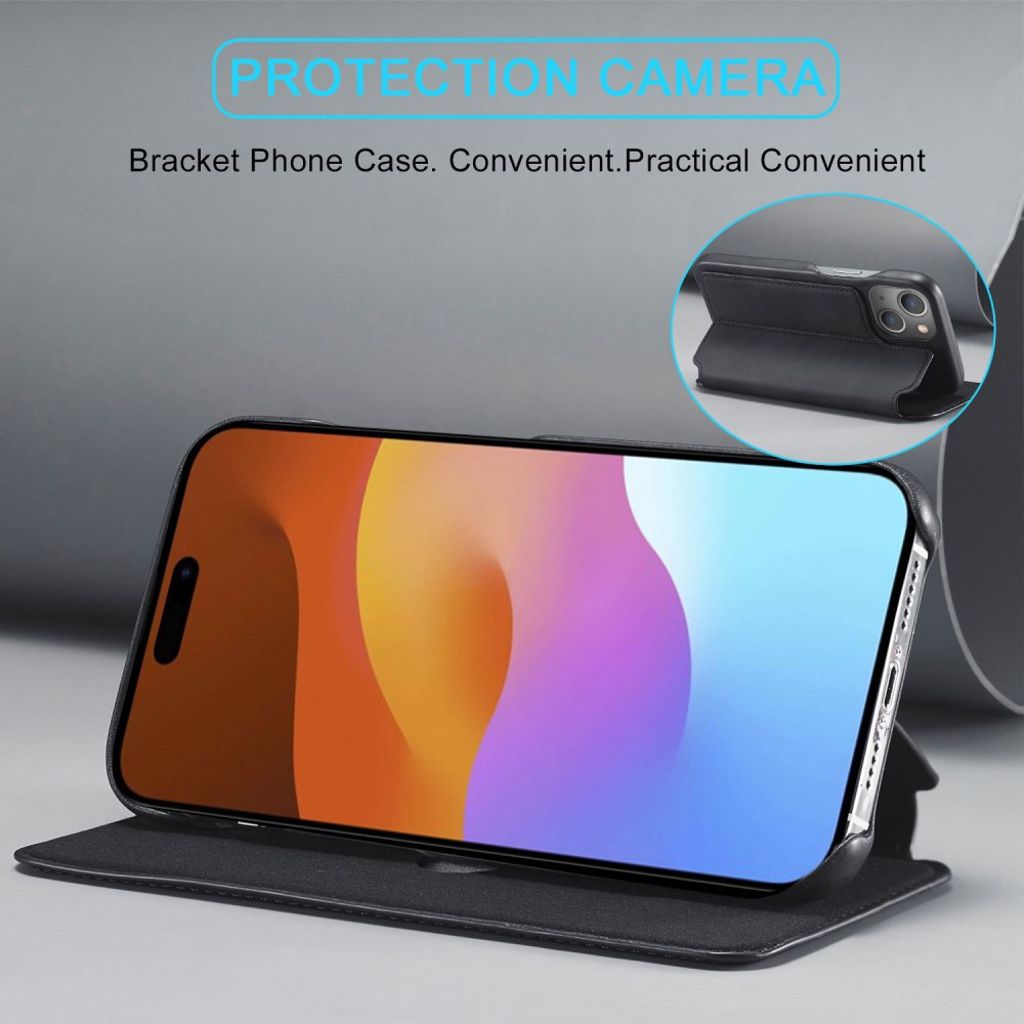 LC.IMEEKE iPhone 15 Wallet Cover Stand/Card Holder - Black