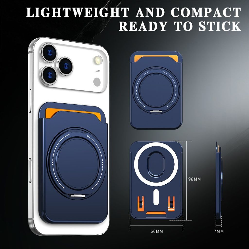 Magnetisk kortholder for mobiltelefon med ringstativ - blå