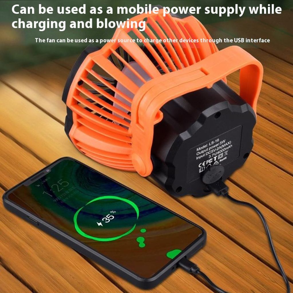 3-i-1 campingfläkt med LED-belysning och powerbank – Orange