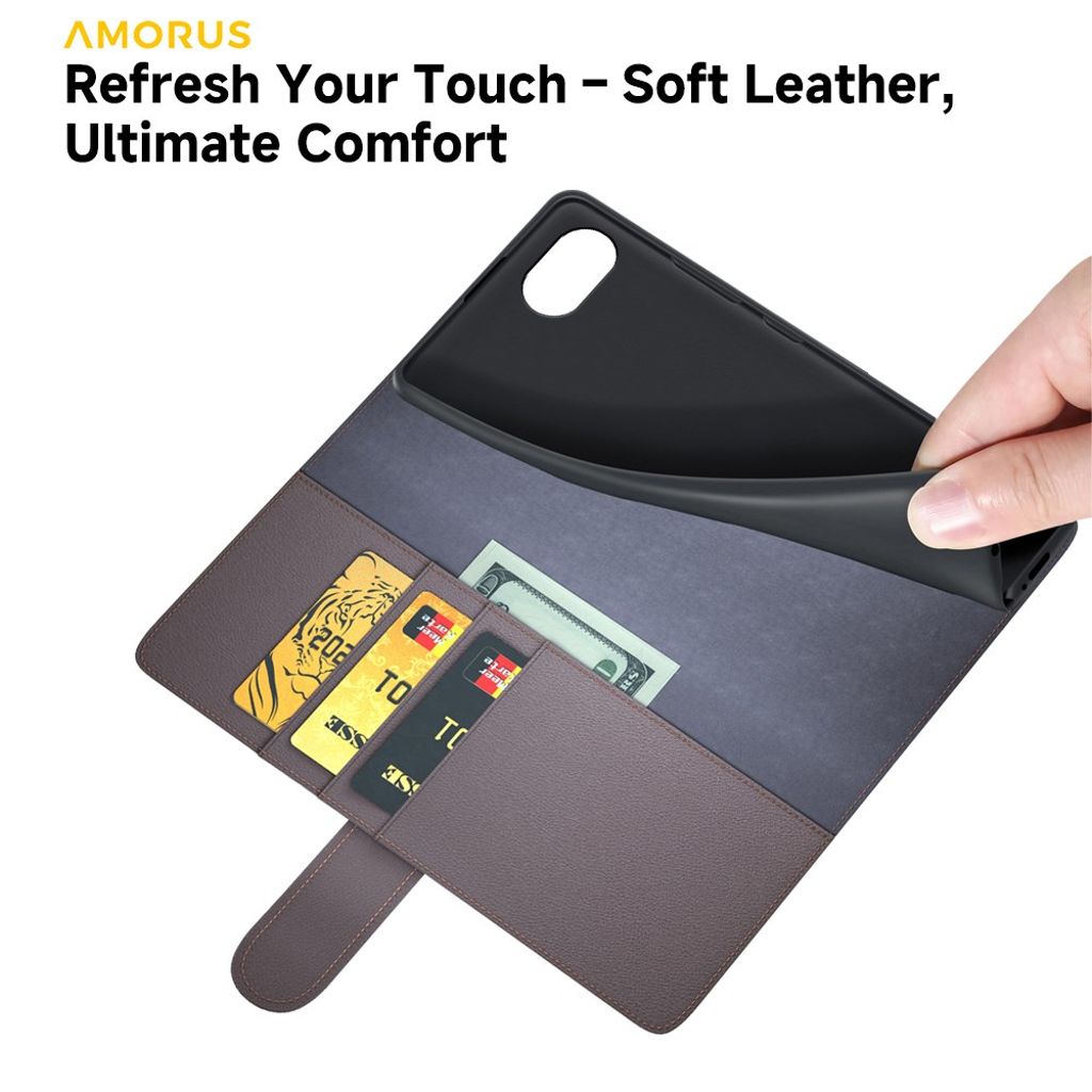 AMORUS iPhone 16e Wallet Cover Stand Real Leather - Black