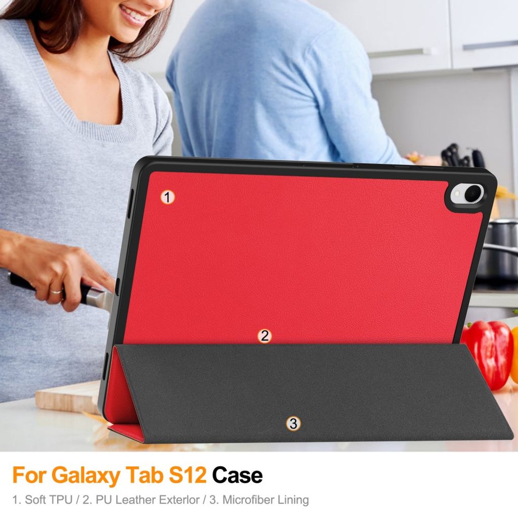 Samsung Galaxy Tab S12 Plus Fodral med stativ och pennfack - Röd