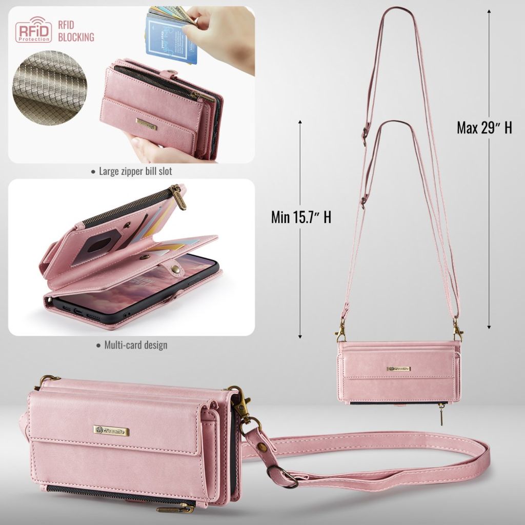 CASEME iPhone XR Plånboksfodral RFID Dragkedja Stativ med Rem – Rosa