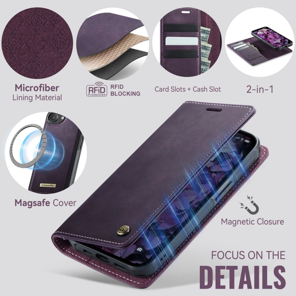 CASEME C49 Cover for iPhone 16e with Wallet, RFID Blocking & MagSafe – Purple