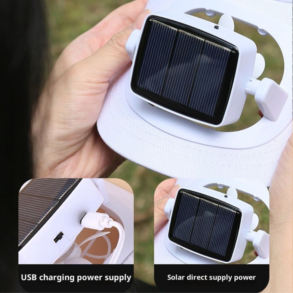 Keps med inbyggd fläkt, uppladdningsbar med USB/Solpanel – vit