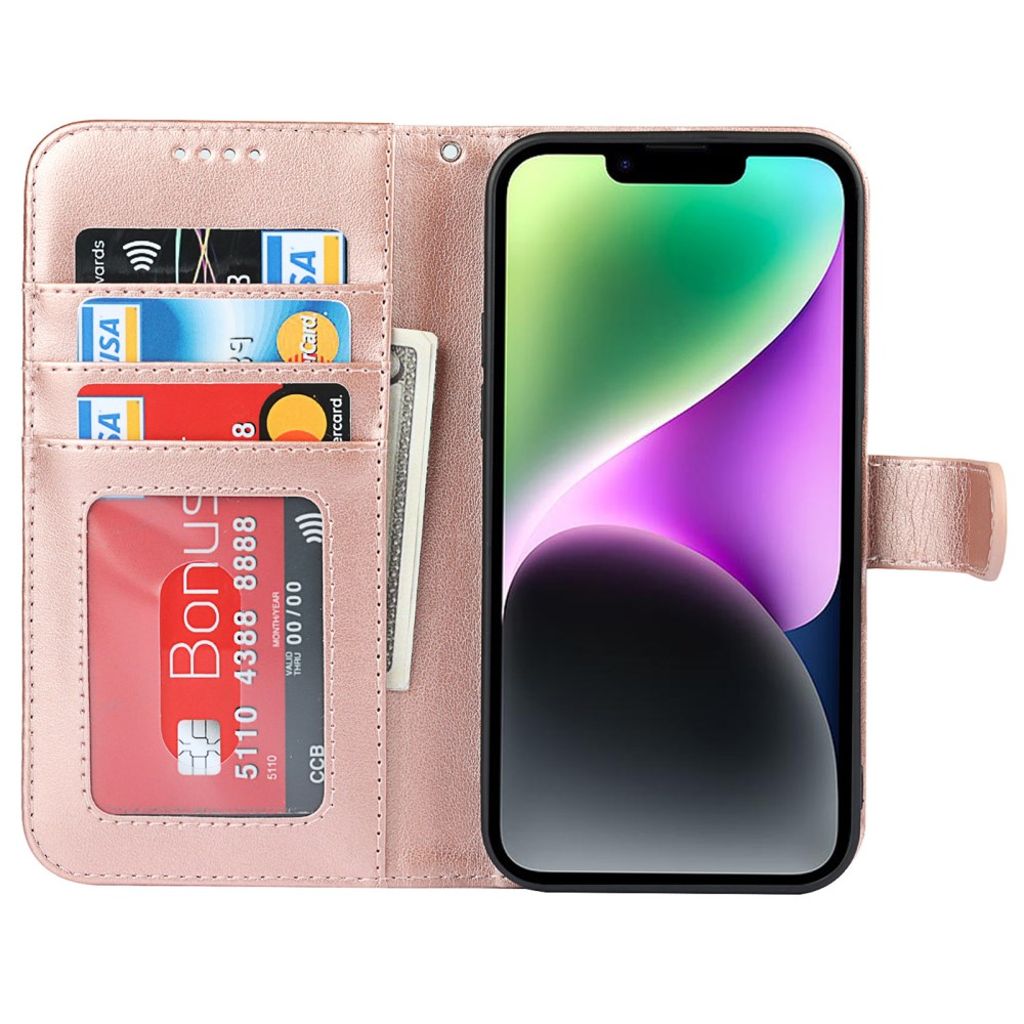 iPhone 14 Plus Lommeboketui PU-lær Stativ - Rose gull