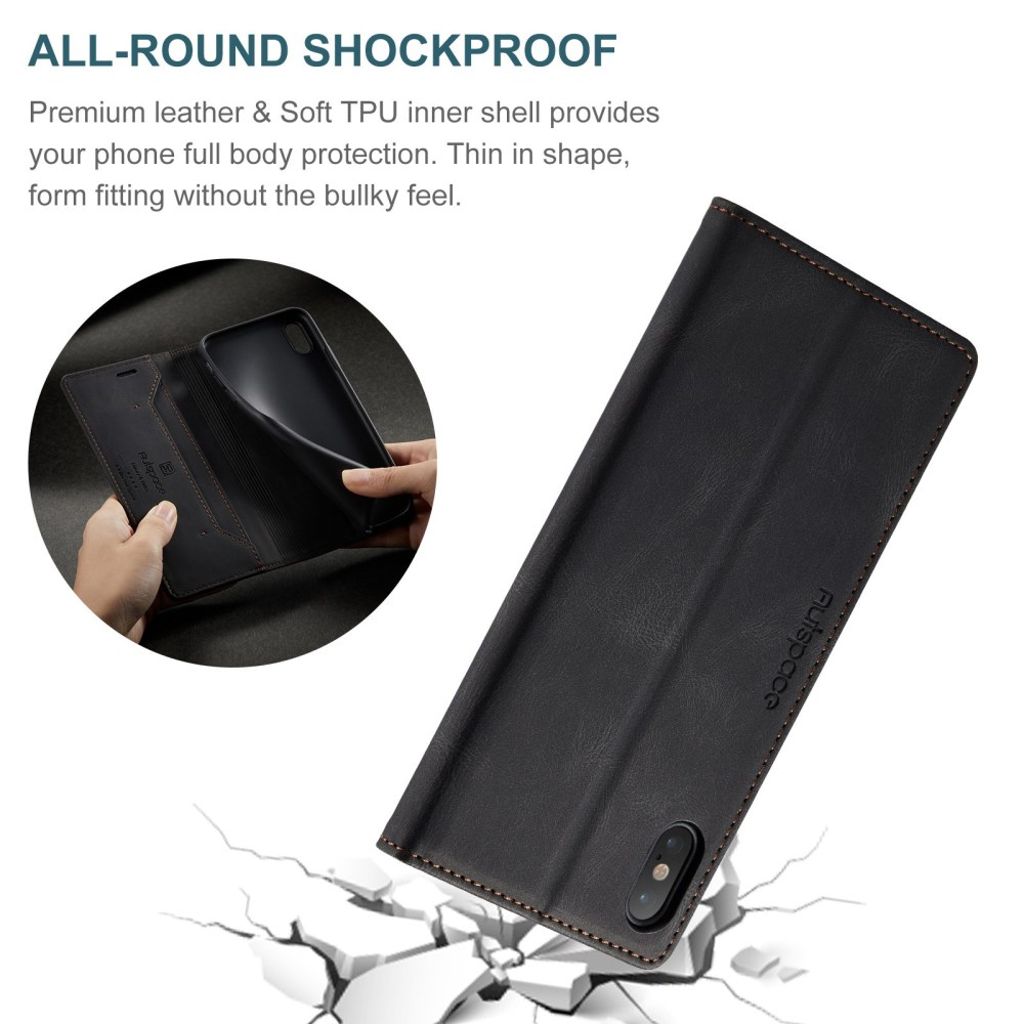 AUTSPACE iPhone X/XS Lompakkokotelo RFID Korttipaikoilla – Musta