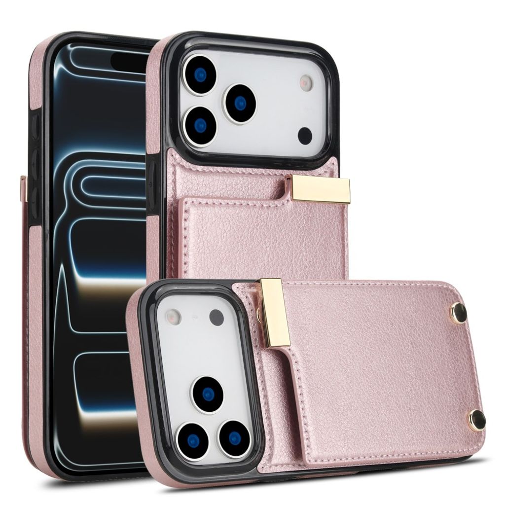 iPhone 18 Pro/17 Pro Cover TPU+PU Læder Kortholder Metal - Rose guld