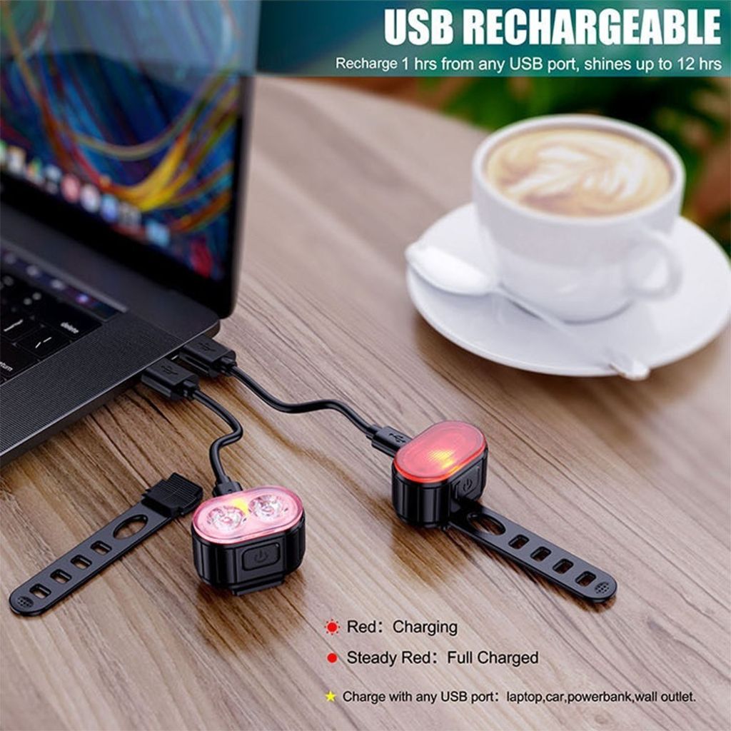LED Cykkellampa set fram & bak, uppladdningsbar USB