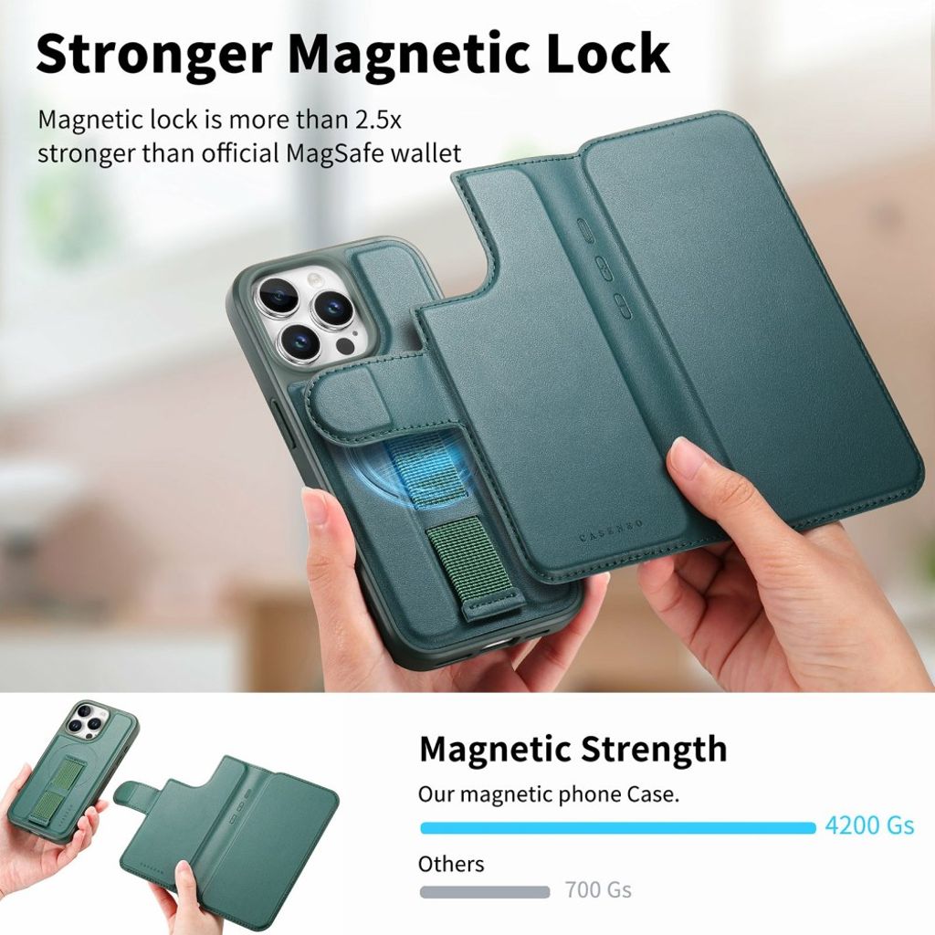 CASENEO iPhone 15 Pro MagSafe Wallet Cover Detachable Wallet - Green