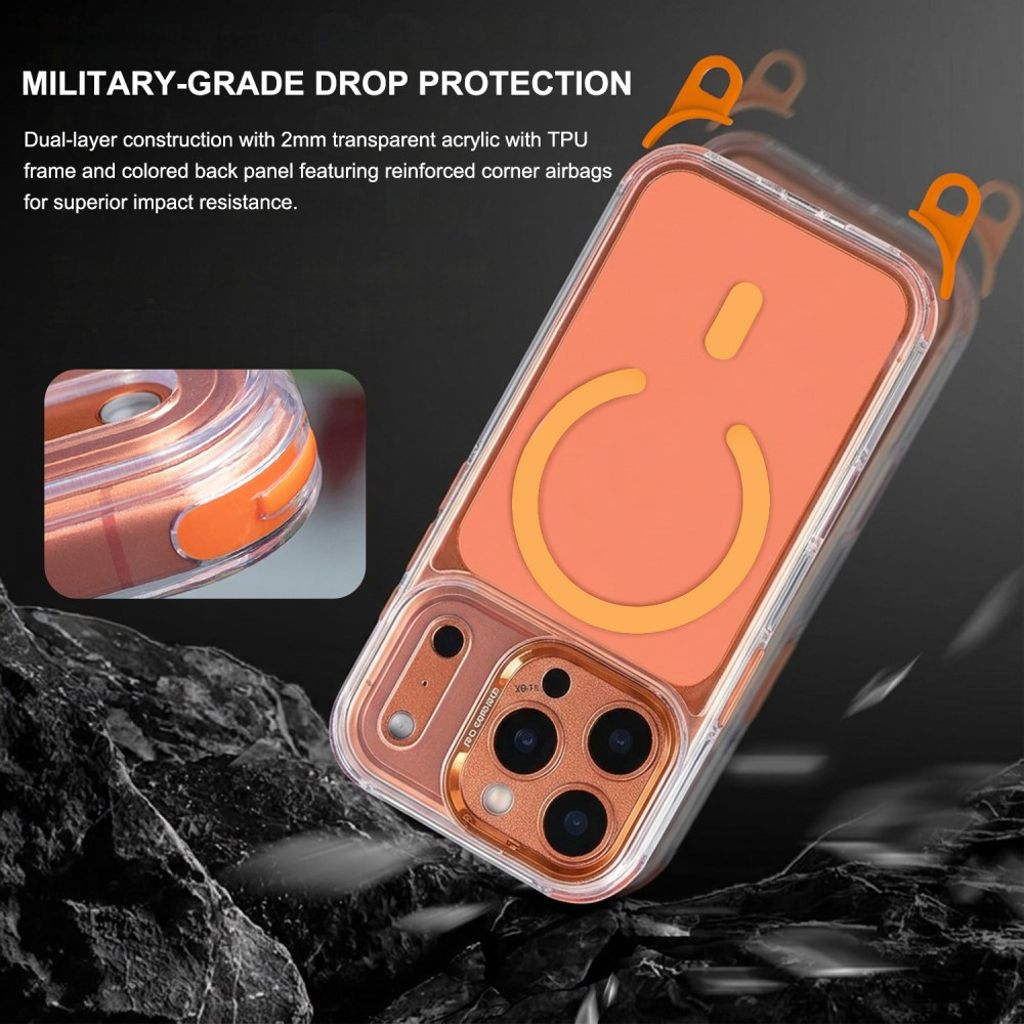 iPhone 17 Pro Max MagSafe Skal med bärrem – Transparent Orange