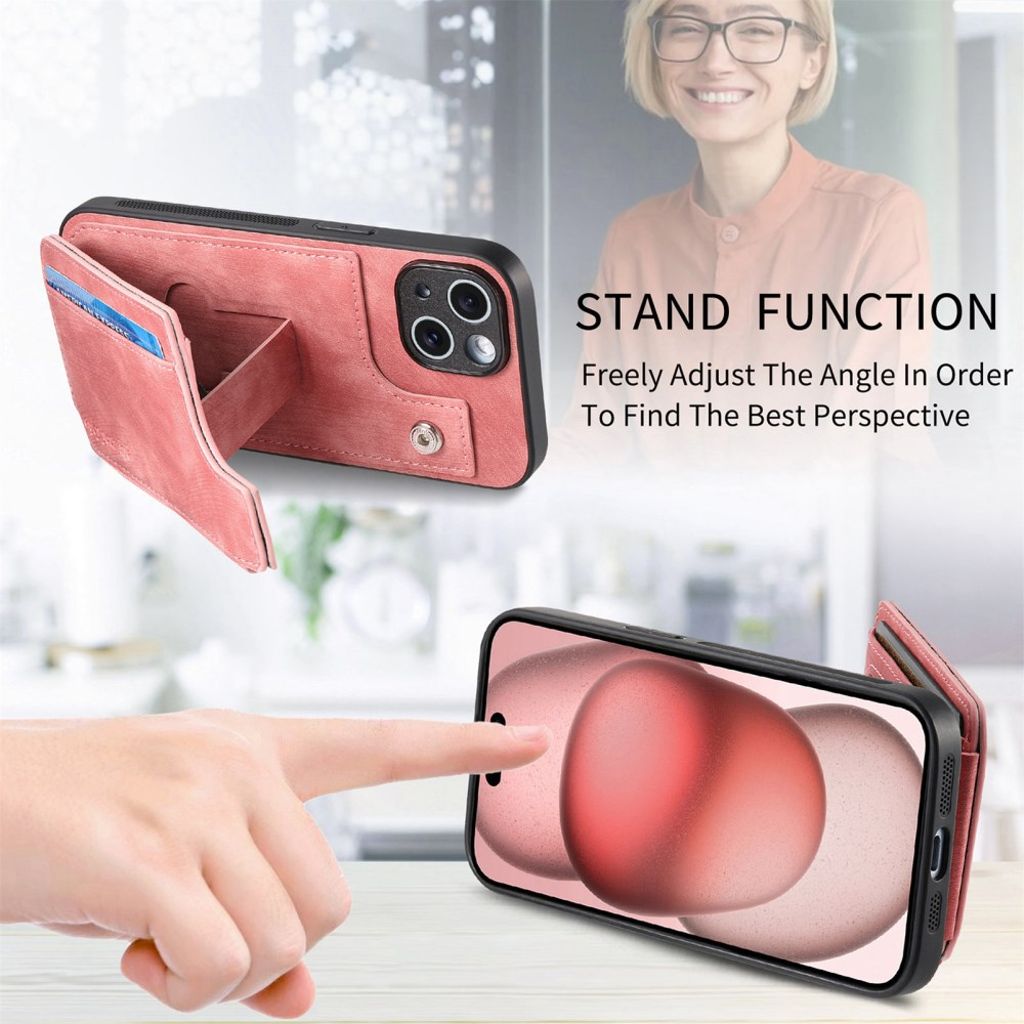 iPhone 14 Pungcover med Kortholder og Stativ - Lyserød
