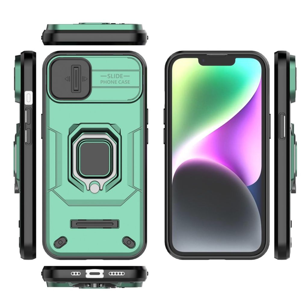 iPhone 14 Kuori linssinsuojalla ja jalustalla – Vihreä