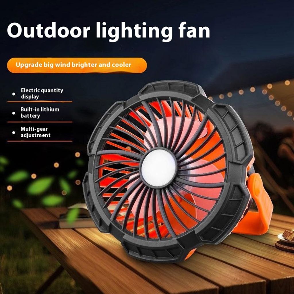 3-i-1 campingfläkt med LED-belysning och powerbank – Orange