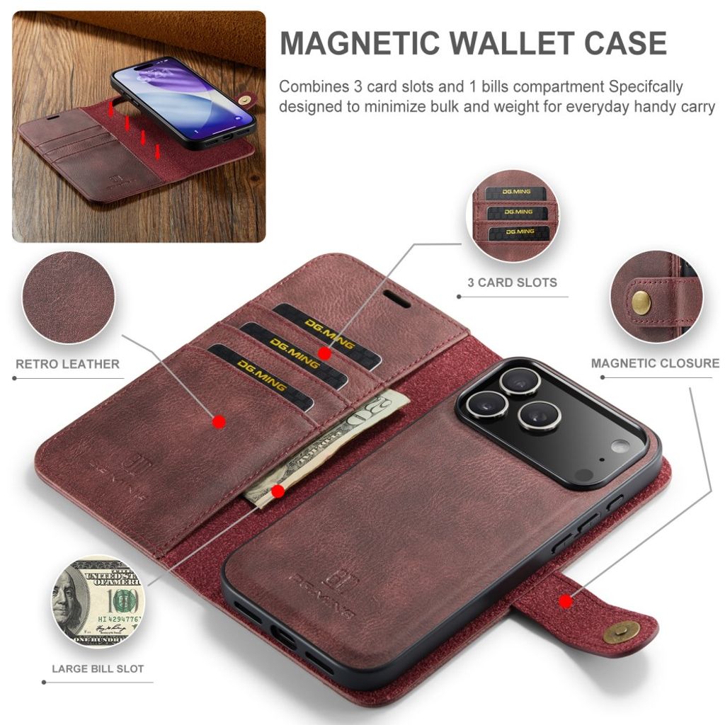 DG.MING iPhone 18 Pro Max/17 Pro Max Etui med Avtakbar Lommebok - Rød