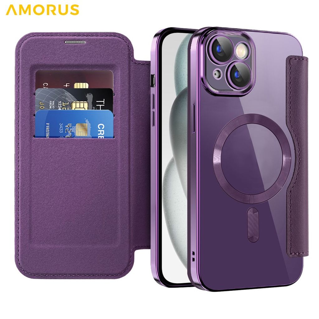 AMORUS iPhone 14 MagSafe Kortholder Pungetui – Mørkelilla